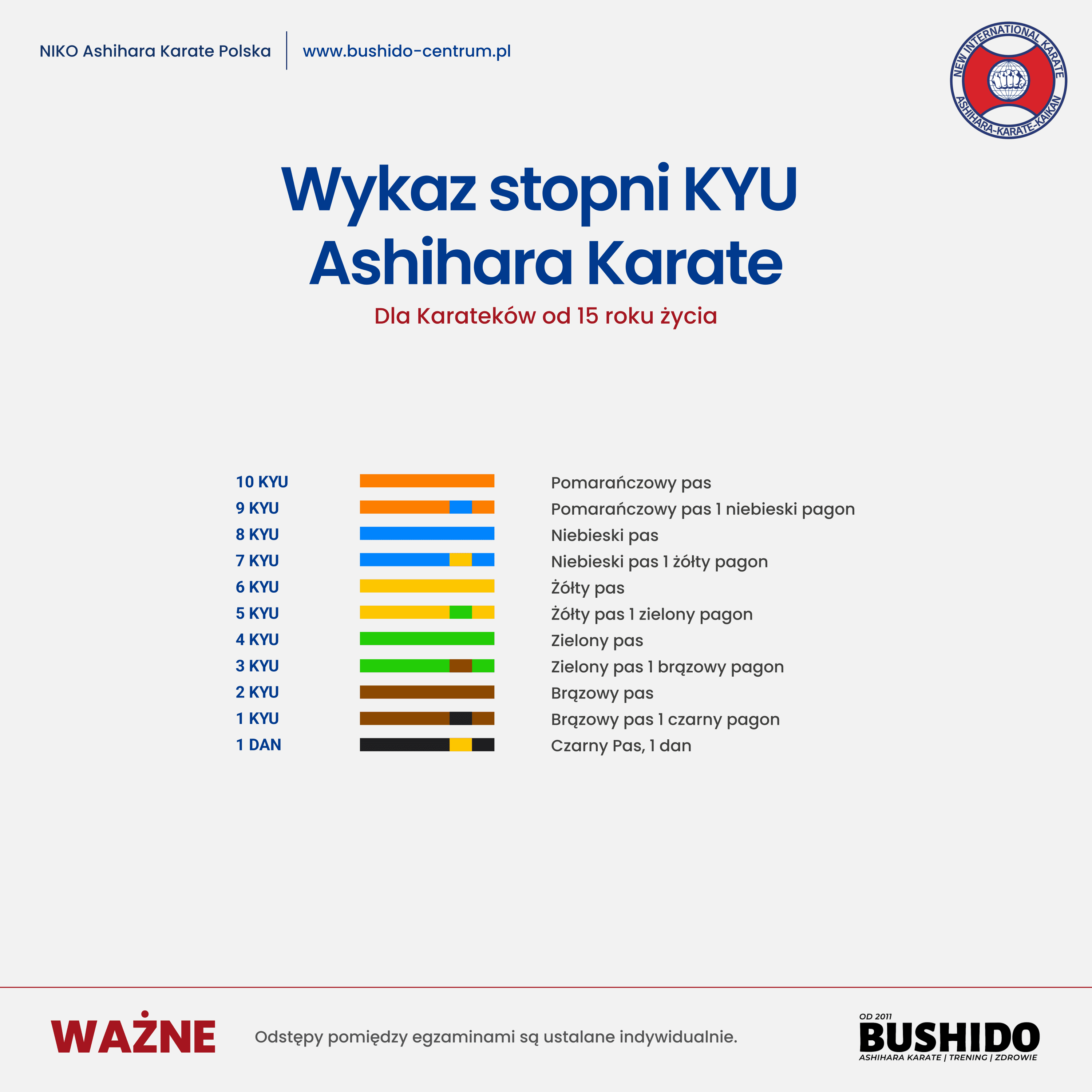 Wykaz stopni KYU  Ashihara Karate dla Karateków od 15 roku życia